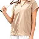 Women Casual Dresses Loose Fit Polo V-Neck Short Sleeves Patchwork Athletic Tennis Dress with Pockets (Beige, L)