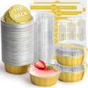 Ruckae 100 PCS 8 oz Round Mini Baking Cups with Lids,Mini Loaf Pans with Lids,Disposable Aluminum Foil Ramekins Baking Cups for Birthday Party Weddings (Gold, 8oz)