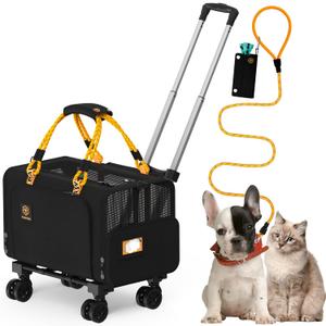 PAWZIDEA Pet Carrier with Wheels, 18x11x11 TSA Airline Approved Cat Carrier for 2 Cats Under Seat, Expandable Soft-Sided Rolling Dog Carriers for Small Dogs Travel Bag with Telescopic Handle, Black