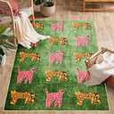 Leopard Washable Rugs, Tribal Oriental Cute Aesthetic Indoor Living Room Carpet, Green Cheetah Tropical Animals Boho Vintage Distressed Hippie 6x9 Area Rugs for Dining Room Bedroom Nursery Entryway