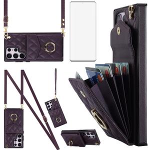 Phone Case for Samsung Galaxy S23 Ultra 5G Wallet Cover with Tempered Glass Screen Protector Wrist Strap Ring RFID Blocking Card Holder Cell S23Ultra 23S S 23 23Ultra 6.8 inch Women Girls Dark Purple