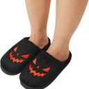 Spooky Slides Halloween Jack O Lantern Pumpkin Indoor Outdoor Fuzzy House Slippers Shoes Gifts For Women Men (7-8 Women/5-6 Men, Black)