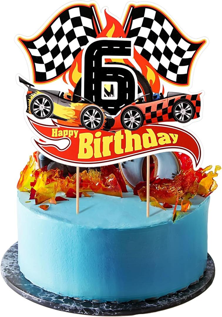 Maitys Race Car 6th Birthday Cake Topper Race Car Theme Birthday Party Supplies Checkered Flag Cupcake Decorations Photo Props for Five Years Old