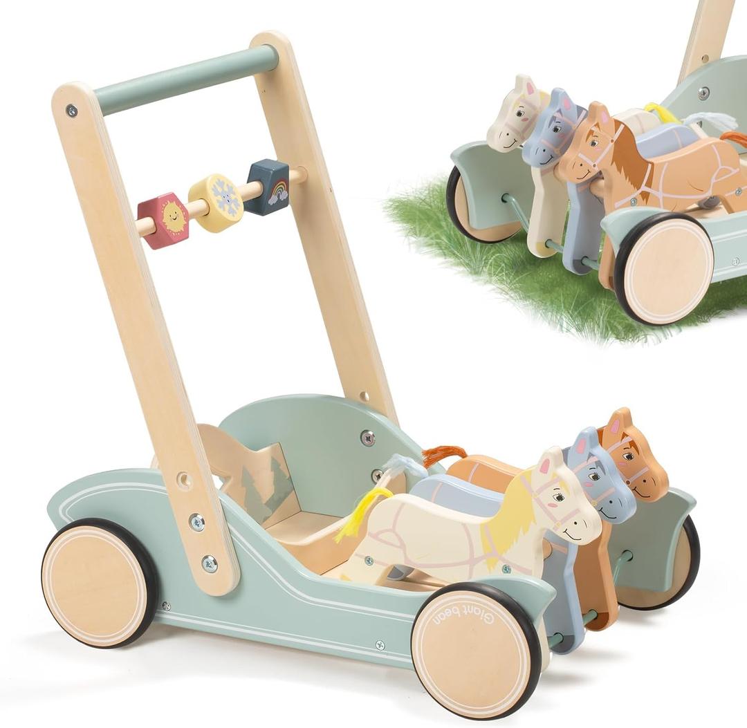 Giant bean Wooden Baby Push Walker for Boys Girls Ages 1-3, Galloping Ponies Push and Pull Activity Walker Adjustable Speed, Baby Push Walker Christmas Gift for Toddler Kids Motor Skills & Creativity