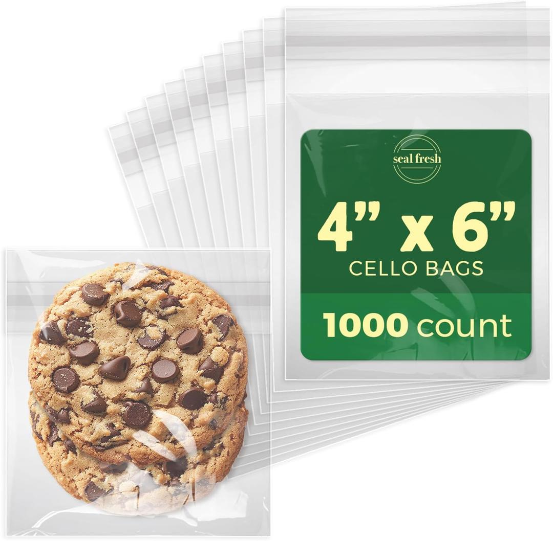 Seal Fresh Self Sealing Cellophane Bags - 4" x 6" (1000 Count) - Clear Plastic Resealable Cello Bag - Cellophane Treat Bags, Cookie Bags for Packaging, Candy bags, Cello Bags, Pastry Bags