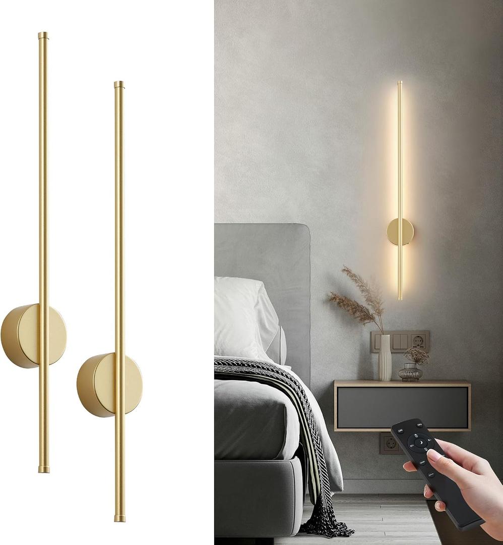 Battery Operated Modern Wall Sconces,Dimmable Wireless Wall Light Set of Two with Remote Control,3 Color Temperatures,Rechargeable LED Wall Sconce for Bedroom,Living Room,Hallway,27.6 Inch,Matte Gold