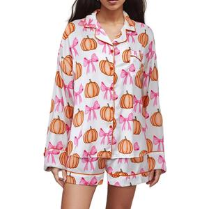 MBZJSDKHLK Women's Halloween Pajamas Set Silk Satin Ghost Pumpkin Print Long Sleeve Button Down Shirt 2 Piece Pjs Shorts Sets, L