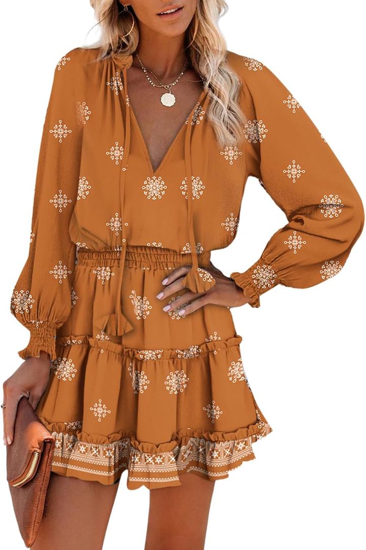 Dokotoo Spring Dresses for Women 2026 Boho Floral Drawstring V Neck Smocked Long Sleeve Ruffle Tiered Chiffon Mini Dress (Orange, XL)