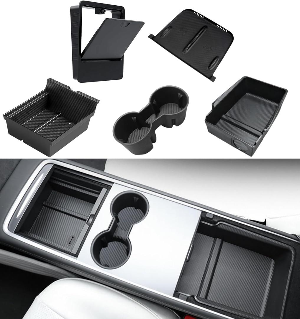 STARFLY 5PCS Center Console Organizer Tray for 2021-2024 Tesla Model 3 /Y Armrest Hidden Drawer Storage Box Cup Holder Wireless Silicone pad Accessories (Not for New Model 3/Y)