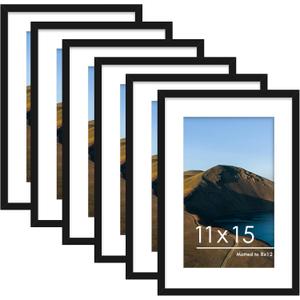 PEALSN 11x15 Picture Frames Set of 6, Display Pictures 8x12 with Mat or 11x15 without Mat for Wall Mounting, Photo Frames Collage for Wall Decor, Black.