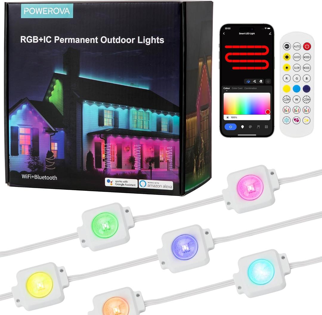 Permanent Outdoor LED Lights, 120ft with 80 Eaves IP65 Waterproof, Smart RGB+IC for House Daily Use, Christmas Party Holiday Decor - APP, Voice & Remote Control