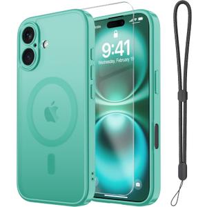 Janmitta Magnetic for iPhone 16 Case,with Screen Protector+Wrist Strap,Compatible with MagSafe,Camera Protection,Military Grade Drop Protection,Slim Translucent Matte Phone Cover,Turquoise