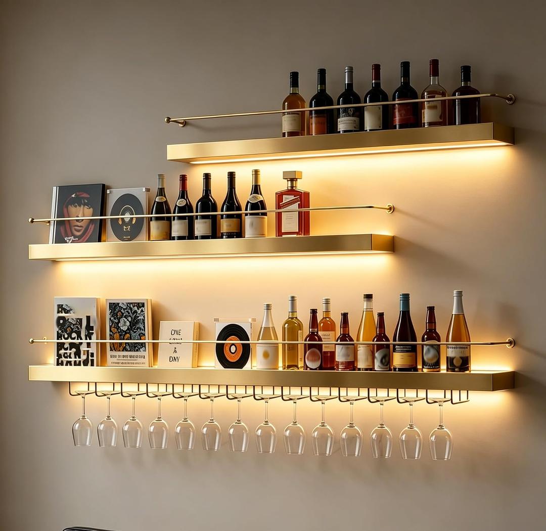47IN Wall Mounted Wine Rack with LED Lights，Gold, 47IN/120CM