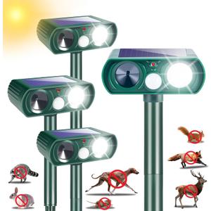 4 Pack Solar Ultrasonic Animal Repellent Outdoor,Squirrel Racoon Fortress Pro Deer Repellent Cat Deterrent Dog Repeller Waterproof with Strobe Light - Keep Rabbits,Skunks Away from Garden Yard Farm