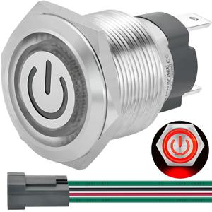 UL Listed 15Amp Waterproof IP67 19mm Momentary Push Button Switch 12V-24V SPST Normally Open Red Led Light Stainless Steel 304 with Wire 3/4'' Hole