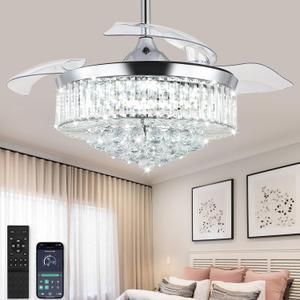 42 Inch Dimmable Fandelier Crystal Chandelier Ceiling Fan Retractable Ceiling Fan with Lights and Remote 6 Speed, 3 Light Change Retractable Chandelier Fan for Bedroom (2003CR)