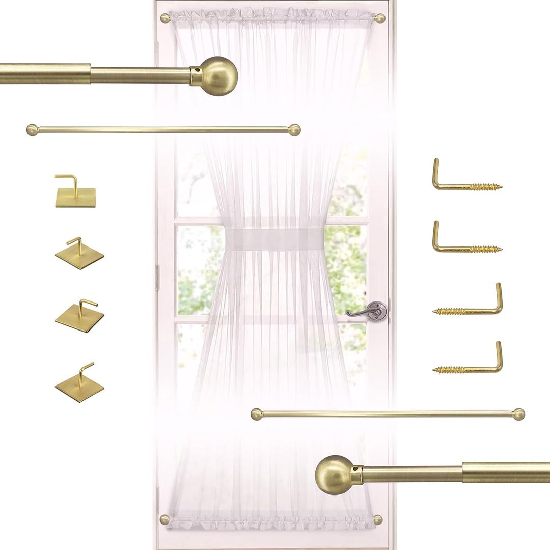 French Door Curtain Rods - 2 Pack, Adjustable 16-28 Inch, No Drill Adhesive or Screw Mount, Brass Brushed, 3/8" Diameter