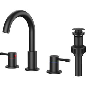FORIOUS Black Bathroom Faucet 3 Hole, 360 Swivel 8 Inch Widespread Bathroom Sink Faucet with Deck Plate and Pop Up Drain 2 Handle Faucets for Sink, Vanity, RV, Lavatory, Farmhouse
