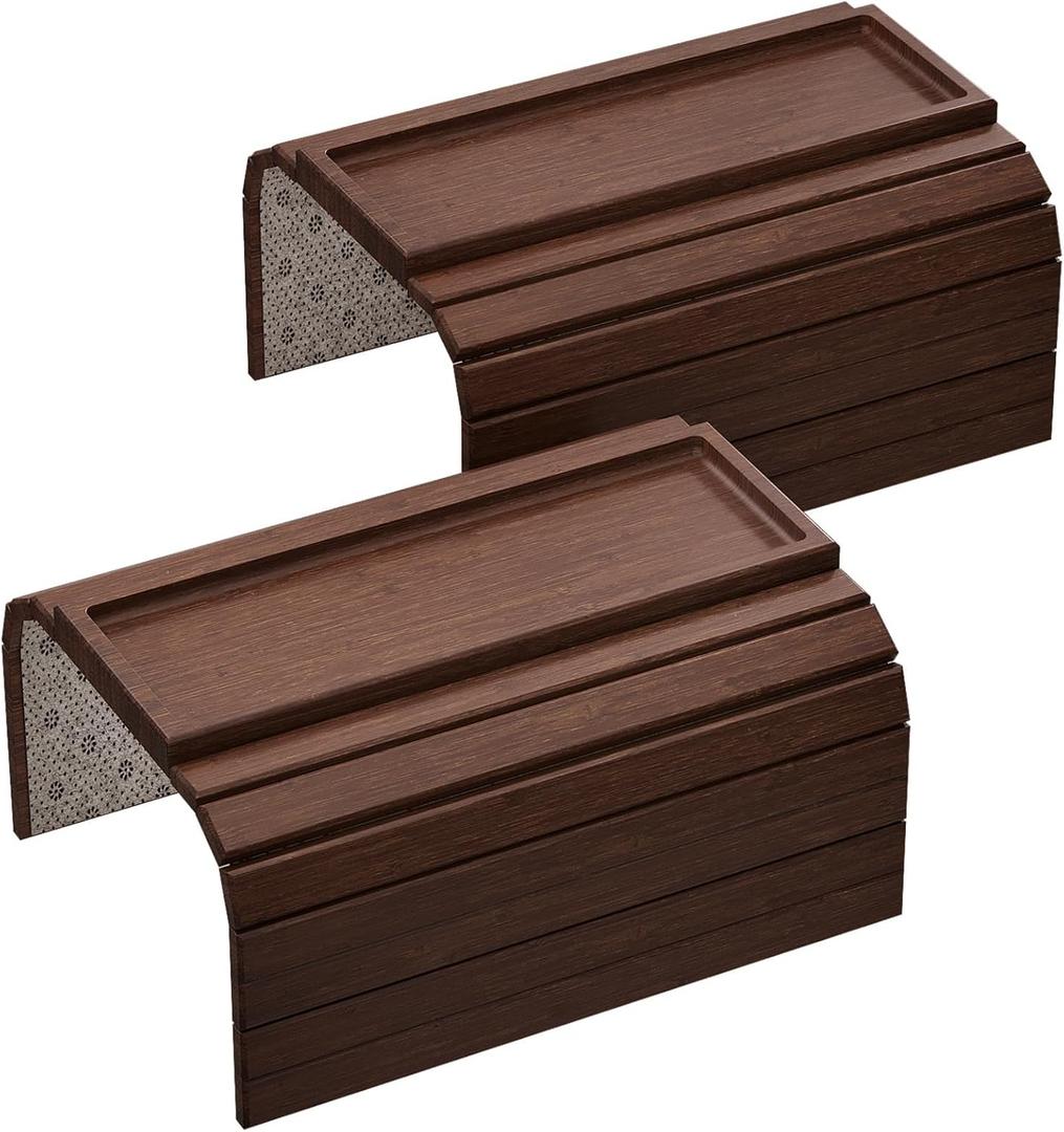 2 Pack Sofa Arm Tray,Bamboo Folding Couch Arm Tray,Sofa Armrest Tray with Anti-Slip Pad for Drinks,Snacks,Phone,Remote Control（Brown）