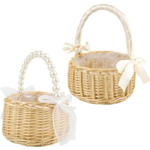 YIYA Wicker Flower Girl Basket with Pearl Handle Rattan Flower Basket for Outdoor Picnic Home Wedding Garden Decoration