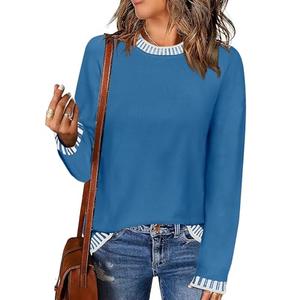 PrinStory Women's 2024 Fall Fashion Sweaters Crewneck Long Sleeve Casual Knit Pullover Tops with Side Slits Winter Outfits Clothes Solid Blue US Medium
