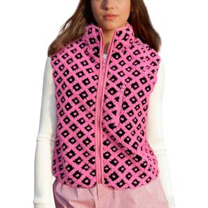 Womens Checkered Sherpa Vest Sleeveless Winter Fleece Jacket High Neck Zip Up Plaid Gilet with Chest Pocket (X-Large, Black-rose)