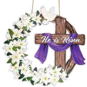 2 x He is Risen Easter Decoration, Wooden Wreaths for Front Door Sign Cross Sign Door Wall Signs, Christian Jesus Lily Flowers Hanging Crafts for Spring Home, Easter Religious Gifts for Women, Men
