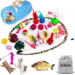 35 PCS Cat Toys Kitten Toys Assortments, Variety Catnip Toy Set Including 2 Way Tunnel, Cat Feather Teaser, Catnip Fish, Mice, Colorful Balls and Bells for Cat, Puppy, Kitty