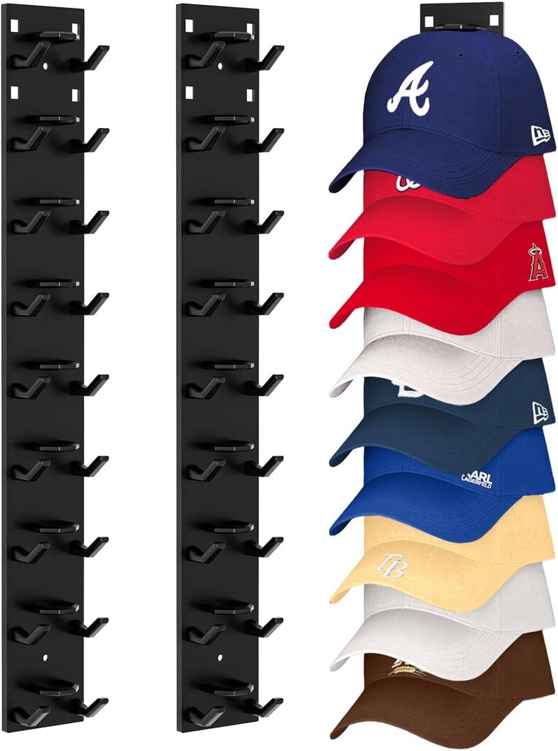 Hat Organizer for Baseball Caps (2-Pack), Strong Adhesive Hat Rack for Wall, Multi-layer Hat Hooks Storage for 18 Hats, Hat Holder Hanger for Door, Bedroom, Closet - Black