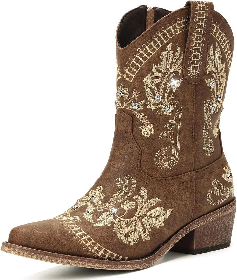 Rivalran Brown Cowboy Boots for Women - Western Cowgirl Boots With Classic Embroidered Sparkly Rhinestone, Pointed Toe Chunky Heel Pull on Short Booties, Ankle High Vintage Booties for Ladies Size 8