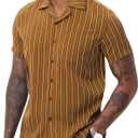 TUNEVUSE Men Hawaiian Shirt Vintage Striped Shirt Short Sleeve Summer Beach Causal Cuban Collar Shirt with Pocket (Brown, XXXL)