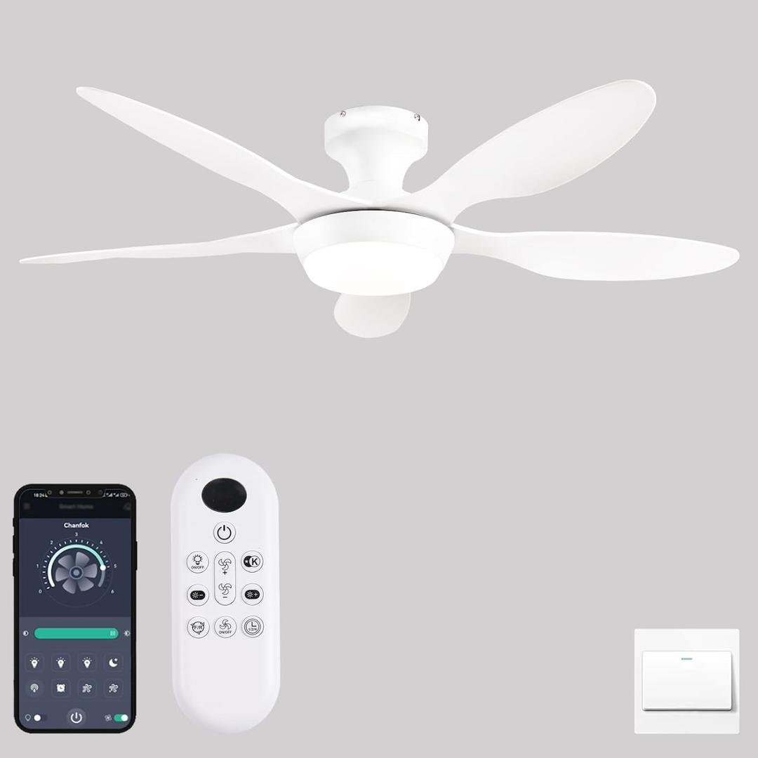 Ceiling Fan with Lights, 46 Inch Low Profile Ceiling Fan with Light and Remote/APP Control, Flush Mount, 6 Speeds Reversible, Dimmable Noiseless Ceiling Fans for Bedroom, Indoor/Outdoor, White