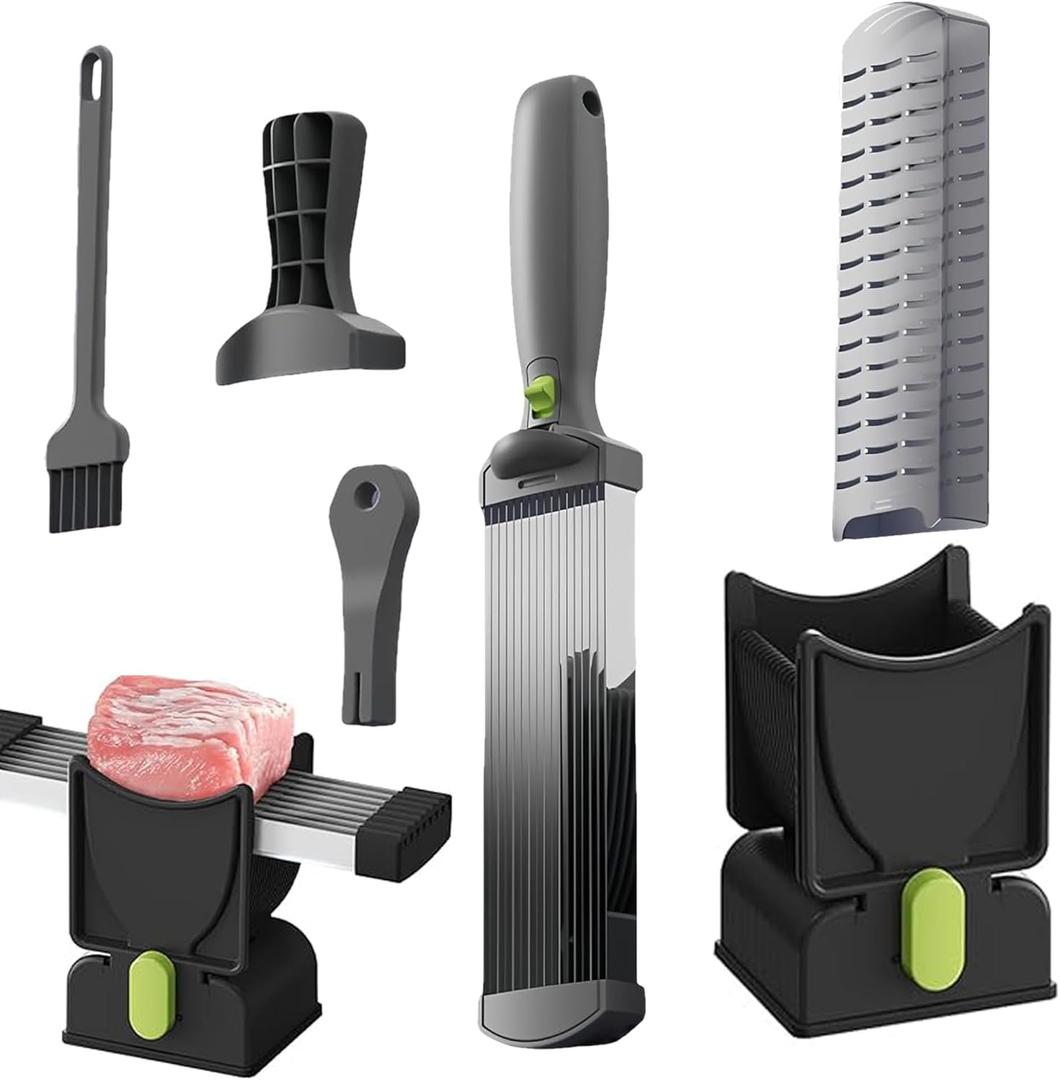 Manual Meat Slicer for Home, Stainless Steel Meat Cutter Cuts 18 Slices in One Motion, Adjustable Blade, Portable Thin Chicken Slicer with Cleaver Knife, Brush & Sharpener