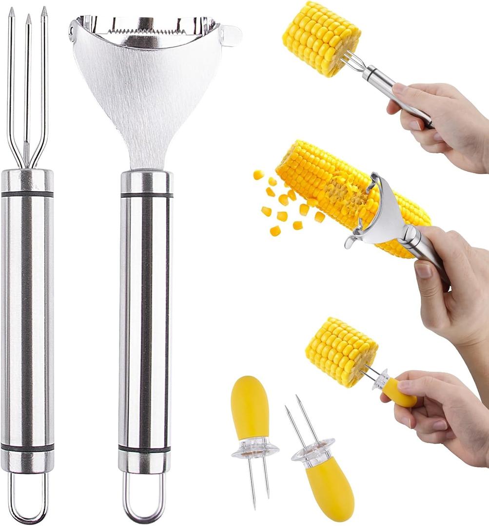Corn Peeler for Corn on The Cob, New Long Handle Stainless Steel Corn Stripper Tool, Best Corn Cutter Tool for Home Kitchen, 4 Pack Corn Cob Peeler Stripper, Restaurant & Outdoor Dining