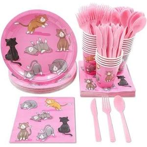 Sustainable Greeting Cat Birthday Party Supplies, Paper Plates, Napkins, Cups and Plastic Cutlery ( 24 Serves)