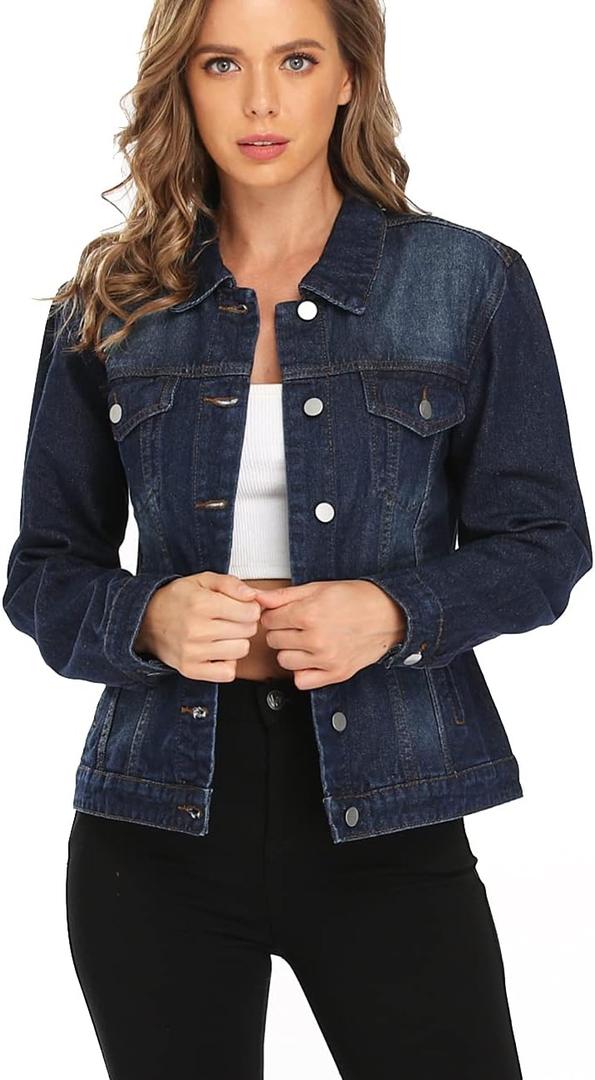 Dilgul Women's Denim Jacket Casual Long Sleeve Basic Button Down Denim Jean Jacket (XX-Large, Dark Blue)