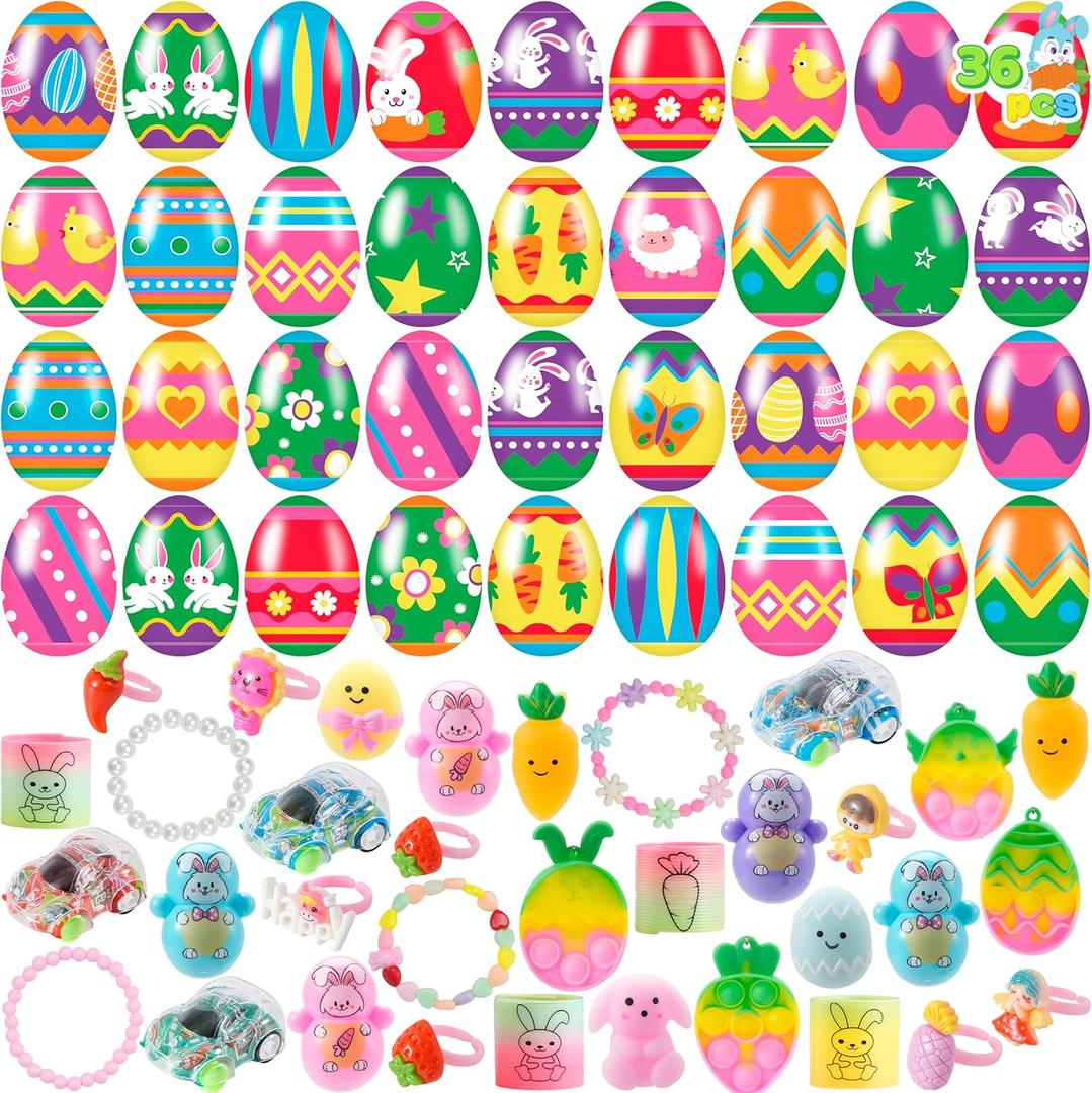 JOYIN 36 Pcs Prefilled Easter Eggs with Assorted Toys, Pre Filled Easter Fillers, Basket Stuffers for Kids, Egg Hunt, Party Favors, Classroom Prize Supplies