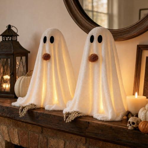 Halloween Decorations-2 Pack Light-Up Sherpa Ghosts with Pumpkin Halloween Decor Indoor Cute Ghost Tabletop Decor for Party Home Kitchen and Fireplace