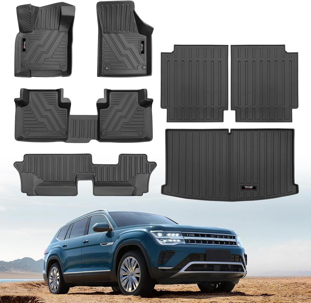 Custom for 2018-2025 2026 Volkswagen Atlas 7 Seater Floor Mats Trunk Cargo Liner and Rear Seat Backrest Mat All Weather TPE Protection Mat for VW Atlas Accessories (only for 7 Seater)
