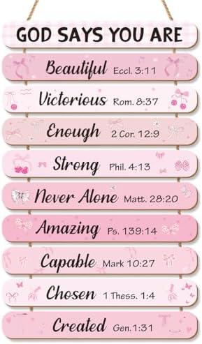 Riletese 10 Pcs Inspirational Bible Verses Wall Art Decor, Christian Positive Affirmations Bedroom Bathroom Wall Decor, Pink Bow Aesthetic Room Decor for Teen Girls