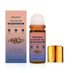 Organic Castor Oil Roll On with Rose Quartz Roller, 100% Castor Oil Organic Cold Pressed, Hexane-Free, for Face and Body, Hair, Eyebrows, Moisturize Skin -1pcs