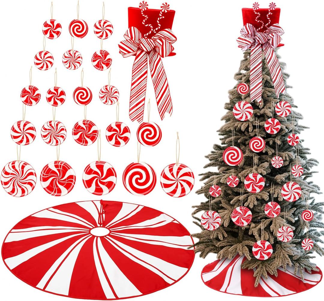 Syhood Christmas Candy Canes Design Tree Topper Red Cap 36 Inch Red Swirl Christmas Tree Skirt Wooden Winter Lollipop Holiday Decoration for Xmas Gifts