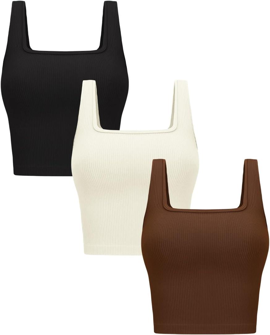 OLCHEE Womens 3 Pack Crop Tank Tops Basic Seamless Ribbed Sleeveless Square Neck Workout Top Summer Exercise Yoga Gym Shirts (Medium, Black + Brown + Beige)
