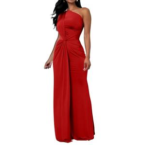 Memoriesea Women's Elegant Sleeveless One Shoulder Bodycon Evening Cocktail Maxi Dress Red, L