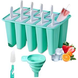 Silicone Popsicle Molds 10 Pcs Ice Pop Maker Molds with 10 Reusable Sticks, Cleaning Brush and Funnel - Homemade Easy-Release Reusable Popsicle Moulds Shapes (Green)