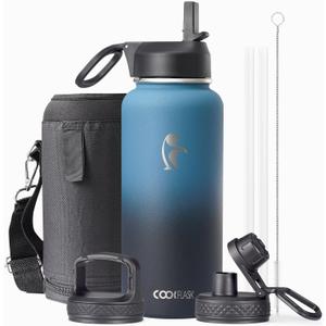 Water Bottle 32 oz Insulated with Straw, Coolflask Stainless Steel Metal 3 Lids Water Flask Wide Mouth for Sports or Office, Non-BPA Keep Cold Up to 48 Hrs or Hot Up to 24 Hrs, Samurai Cyan