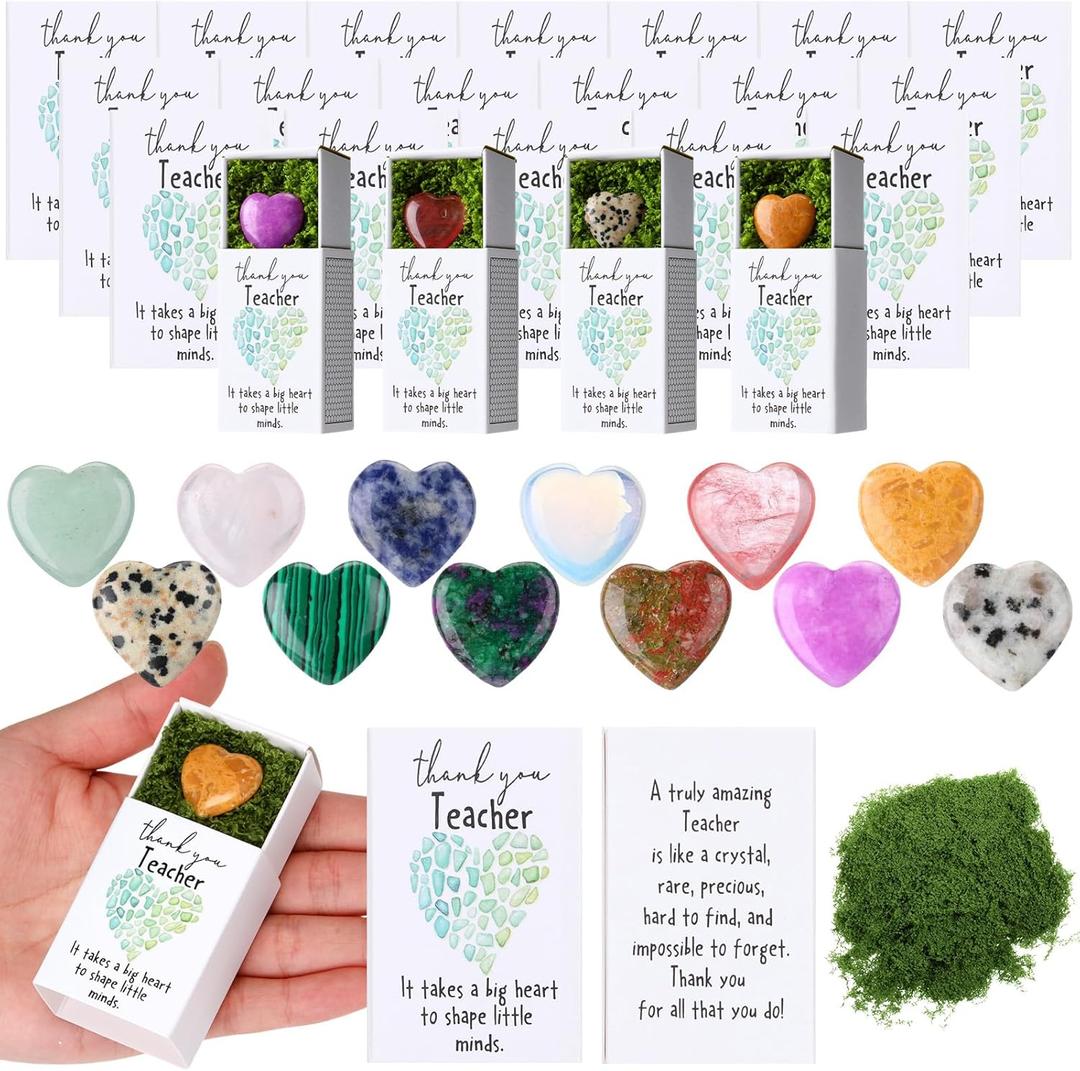 Motipuns 12 Set Teacher Appreciation Gifts in Bulk Thank You Paraprofessional Desk Decor Emotional Support Crystal Stones Green Moss Matchbooks Paperweights Gifts for Women Men