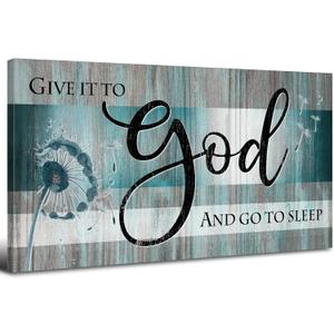 Give It to God and Go to Sleep Sign Bedroom Wall Decor 20x40" Christian Bible Verse Wall Art Above Bed Wall Decor Teal Farmhouse Faith Quote Canvas Painting for Living Room Master Bedroom Decoration