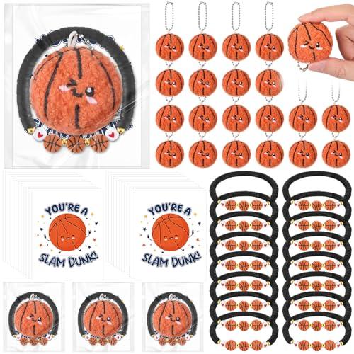 Equsion 24 Packs Basketball Gift Bulk Mini Plush Basketball Keychain Bead Bracelet with Inspirational Card for Ball Lovers Team Prize Anxiety Relief Sport Party Favors