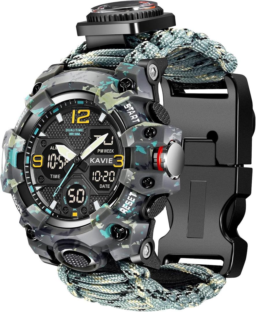 23-in-1 Survival Military Digital Watch, Mens Tactical Multi-Functional and Adjustable Wristband Outdoors Waterproof Sports Dual Dial Watches with Compass Paracord Band (Gray Yellow Camouflage)